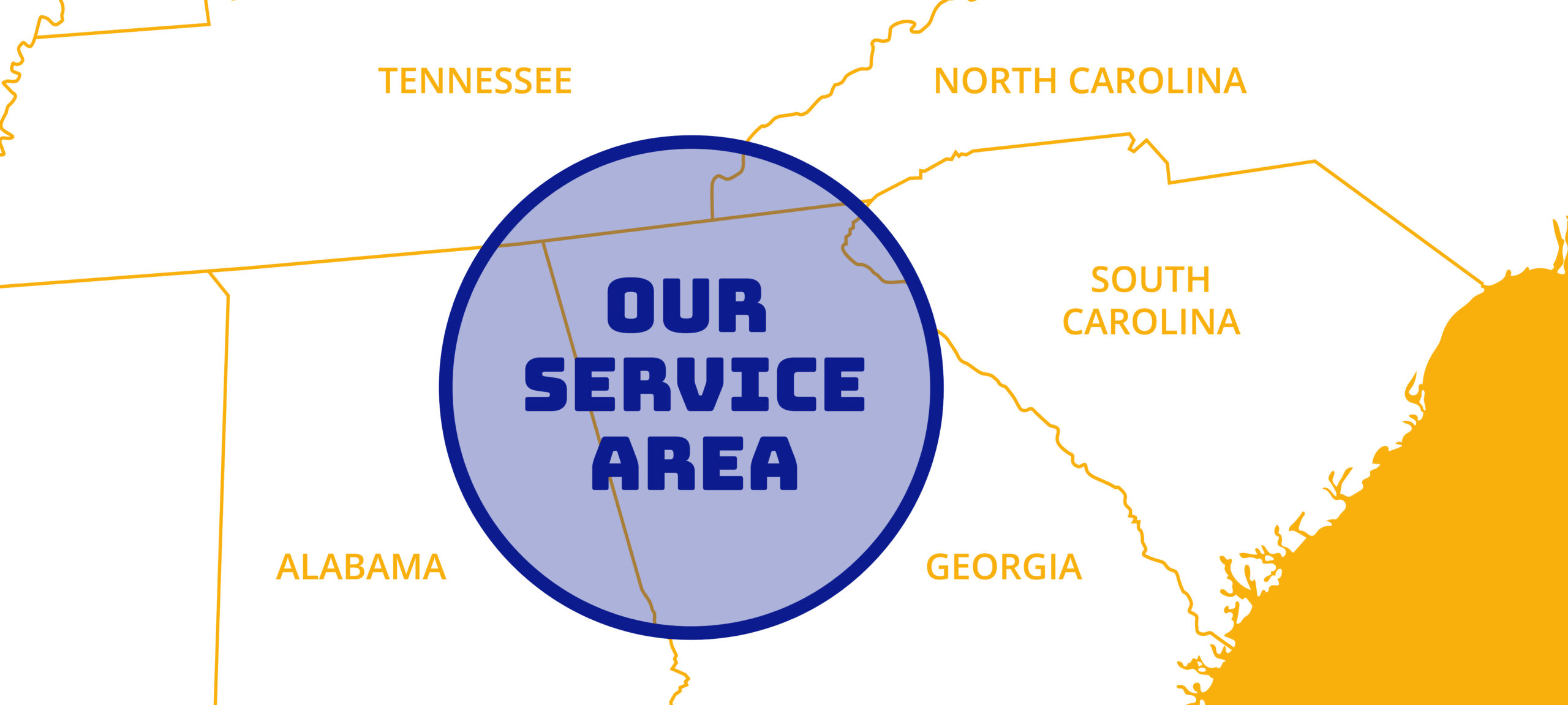 Service Area Map, parts of Georgia, Tennessee, North Carolina, South Carolina, and Alabama